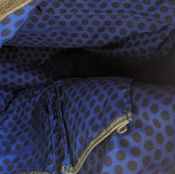 EUC Rebecca Minkoff dark green shiny soft leather interior blue/blk polka dot - Picture 8 of 14